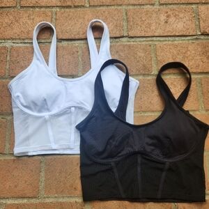 Women's Alo black and white cropped structured tank top with mesh detail. Size:M